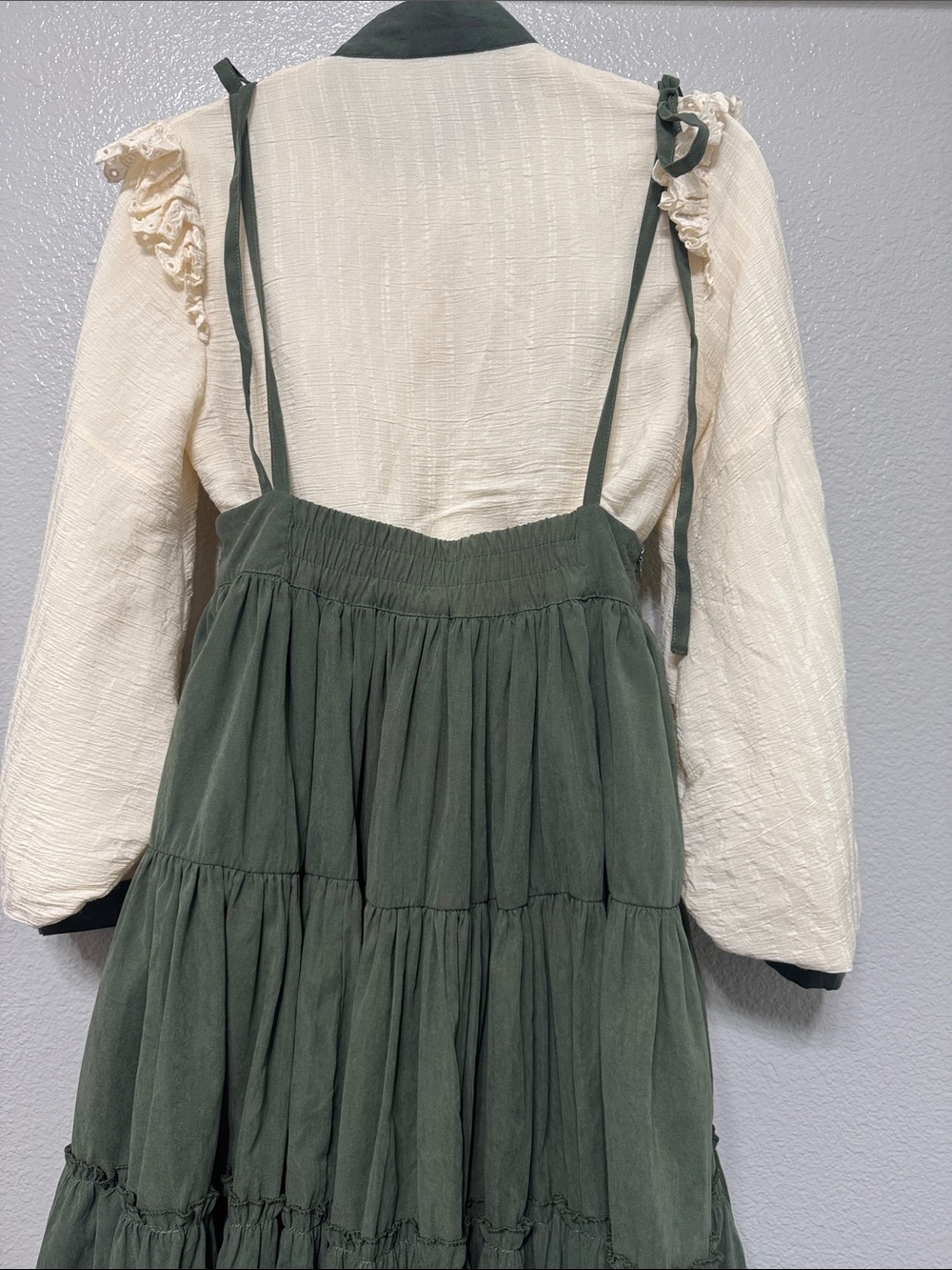 Cream & Olive Floral Embroidered Long Sleeve Dress with Suspender Skirt - Picture 10 of 16